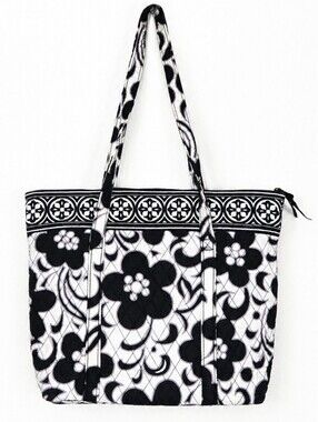 Vera Bradley Black White Floral Quilted Zip Tote Shoulder Bag Travel Purse